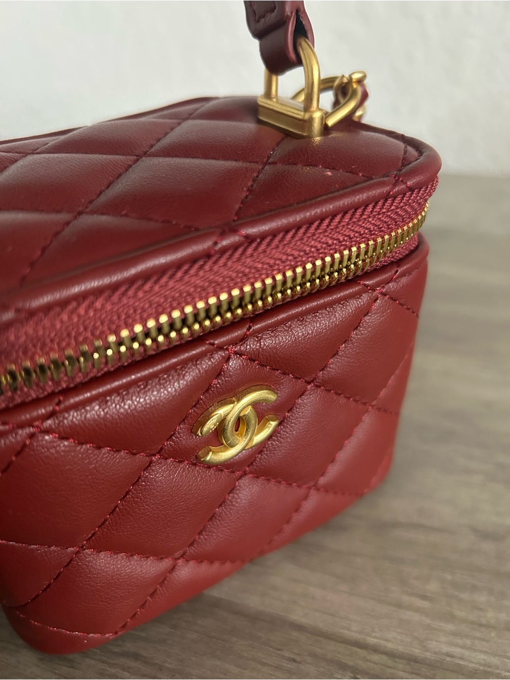 Red Quilted Leather Mini Vanity Case with Gold CC Hardware